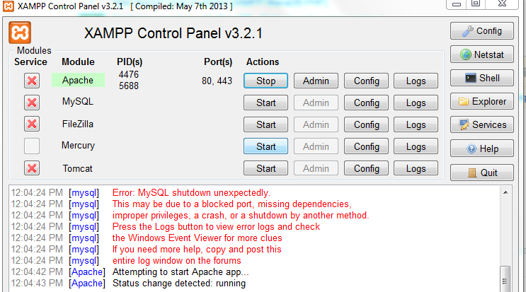 Xampp mysql error window screen shot